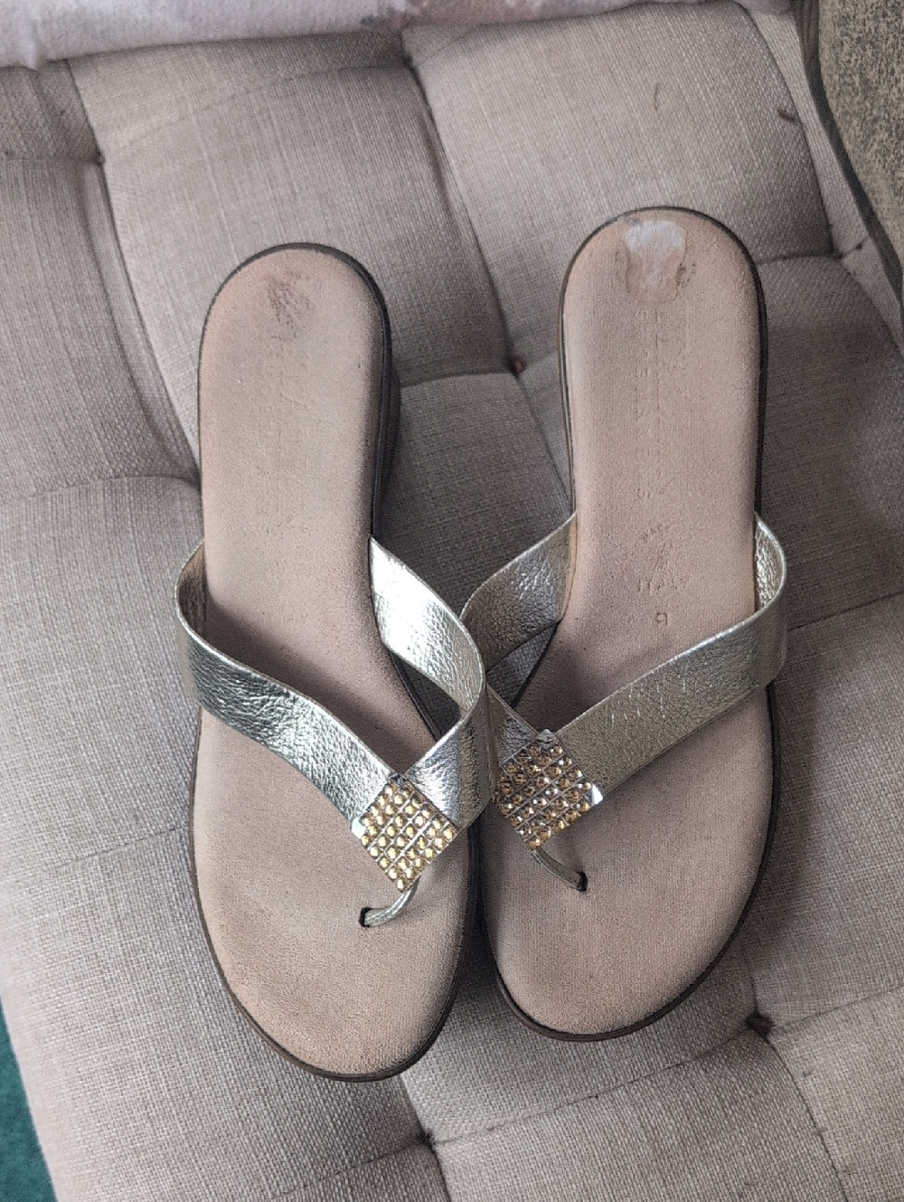 Italian Shoemakers Metallic Gold Rhinestone Toe-Post Sandals